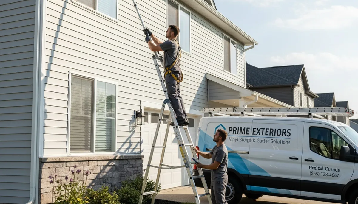 Technician cleaning residential gutters on vinyl siding home in Milwaukee, WI